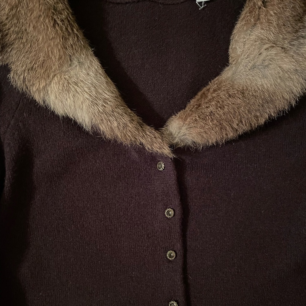 Women’s XS Dark Brown Wool Cardigan Sweater with Rabbit Fur Collar